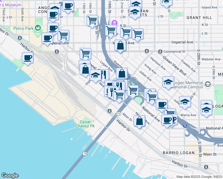 map of restaurants, bars, coffee shops, grocery stores, and more near 1858 Newton Avenue in San Diego