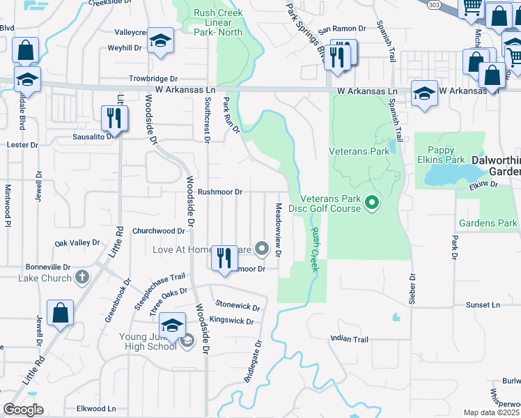 map of restaurants, bars, coffee shops, grocery stores, and more near 2608 Treeview Drive in Arlington