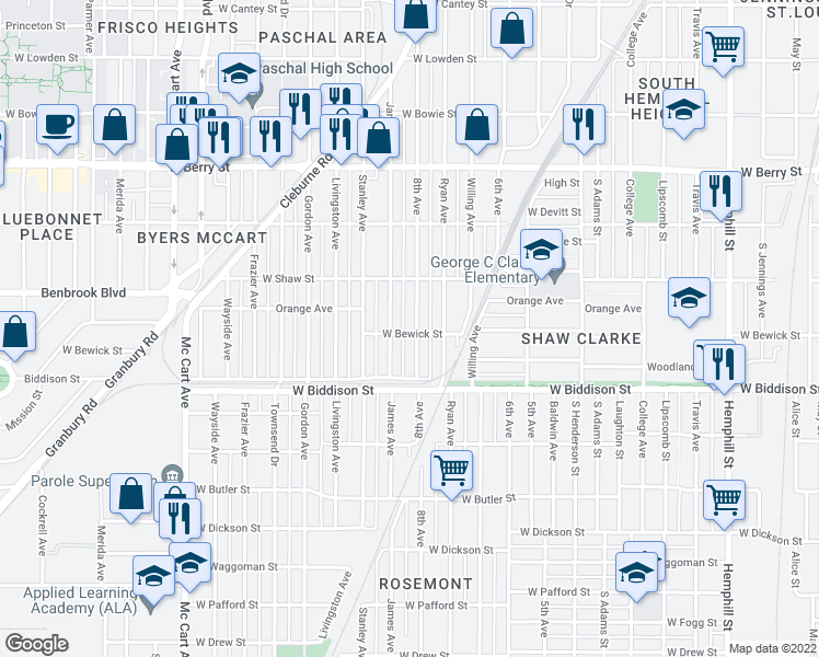 map of restaurants, bars, coffee shops, grocery stores, and more near 3344 8th Avenue in Fort Worth