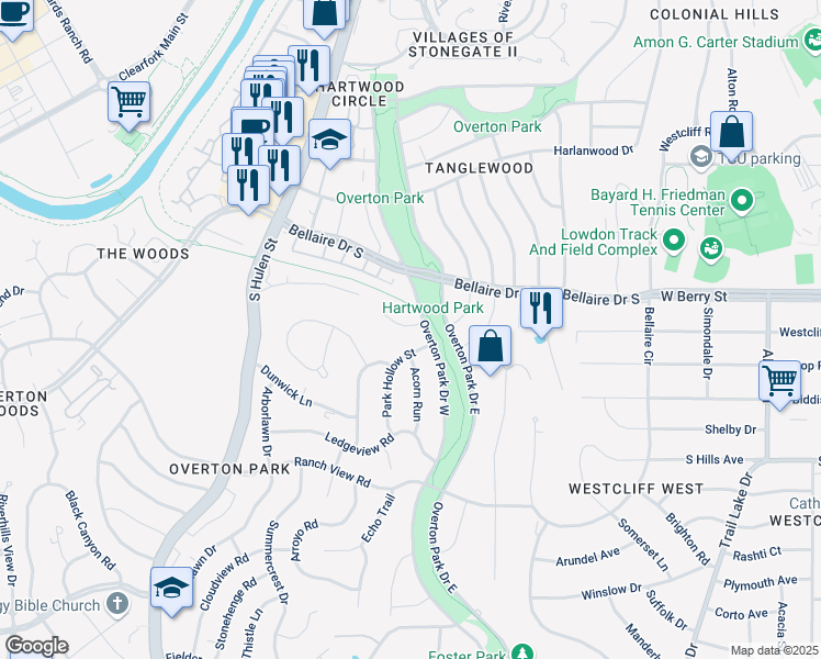 map of restaurants, bars, coffee shops, grocery stores, and more near 3408 Park Hollow Street in Fort Worth