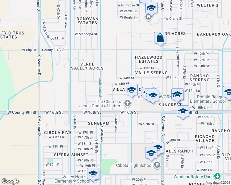 map of restaurants, bars, coffee shops, grocery stores, and more near 4326 West 15th Place in Yuma