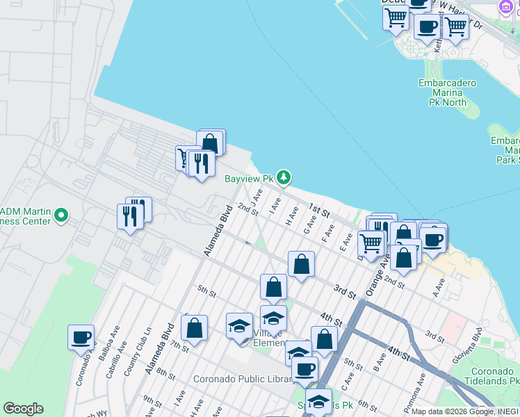 map of restaurants, bars, coffee shops, grocery stores, and more near 200 I Avenue in Coronado