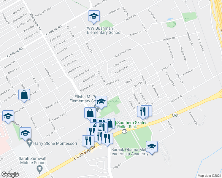 map of restaurants, bars, coffee shops, grocery stores, and more near 4746 Tacoma Street in Dallas
