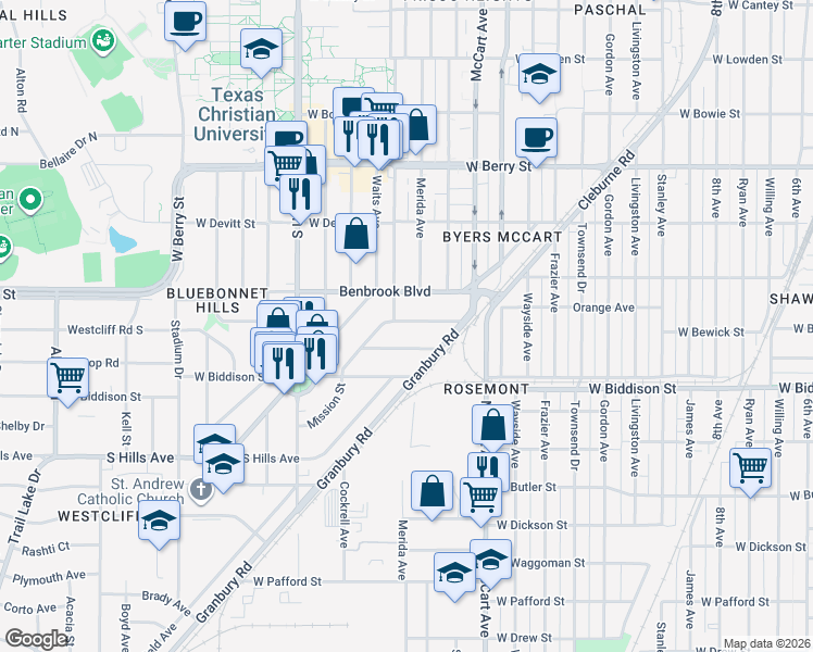map of restaurants, bars, coffee shops, grocery stores, and more near 2704 West Bewick Street in Fort Worth