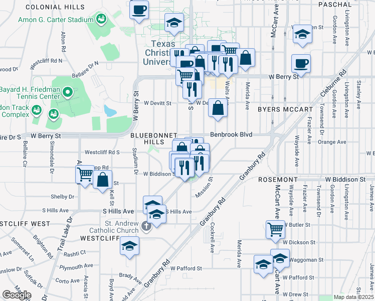 map of restaurants, bars, coffee shops, grocery stores, and more near in Fort Worth