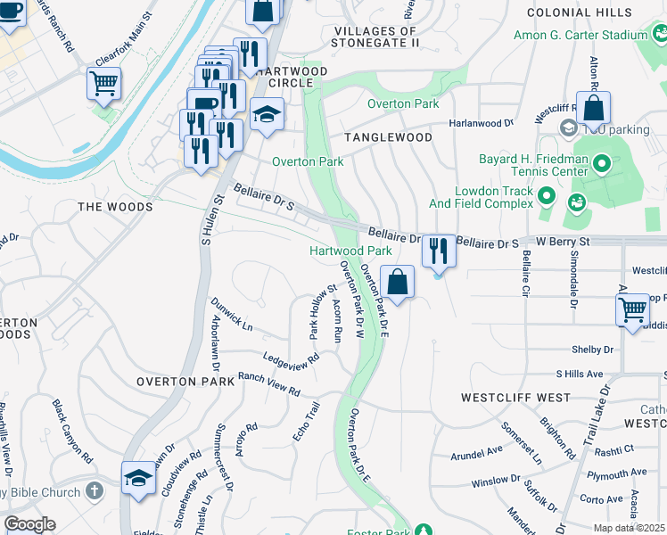 map of restaurants, bars, coffee shops, grocery stores, and more near 3408 Park Hollow Street in Fort Worth