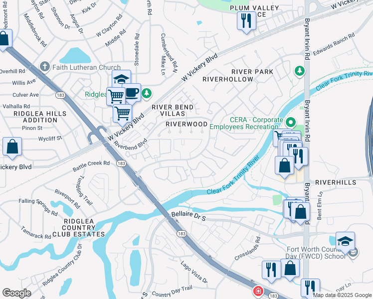 map of restaurants, bars, coffee shops, grocery stores, and more near 731 River Park Drive in Fort Worth
