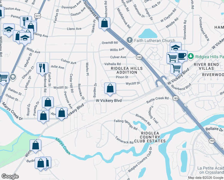 map of restaurants, bars, coffee shops, grocery stores, and more near 7020 West Vickery Boulevard in Fort Worth