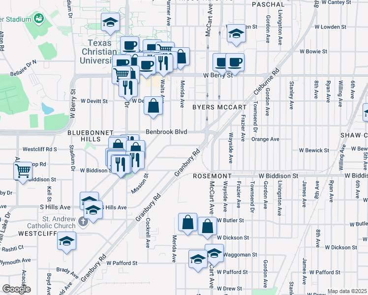 map of restaurants, bars, coffee shops, grocery stores, and more near 2621 Mission Street in Fort Worth