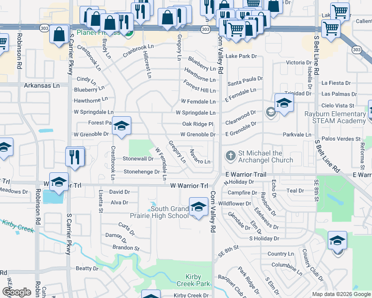 map of restaurants, bars, coffee shops, grocery stores, and more near 3050 Navarro Lane in Grand Prairie