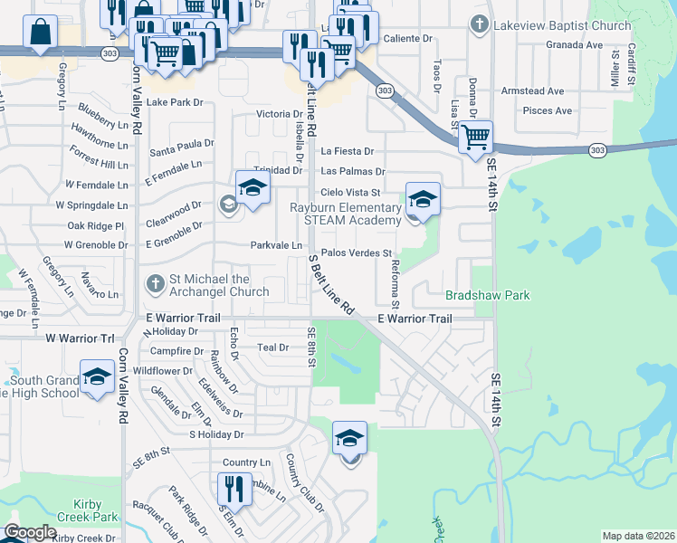 map of restaurants, bars, coffee shops, grocery stores, and more near 2902 South Belt Line Road in Grand Prairie