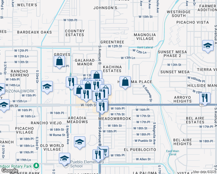 map of restaurants, bars, coffee shops, grocery stores, and more near 1451 South Avenue B in Yuma