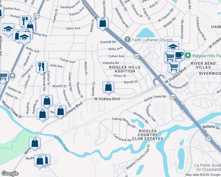 map of restaurants, bars, coffee shops, grocery stores, and more near 7020 West Vickery Boulevard in Fort Worth