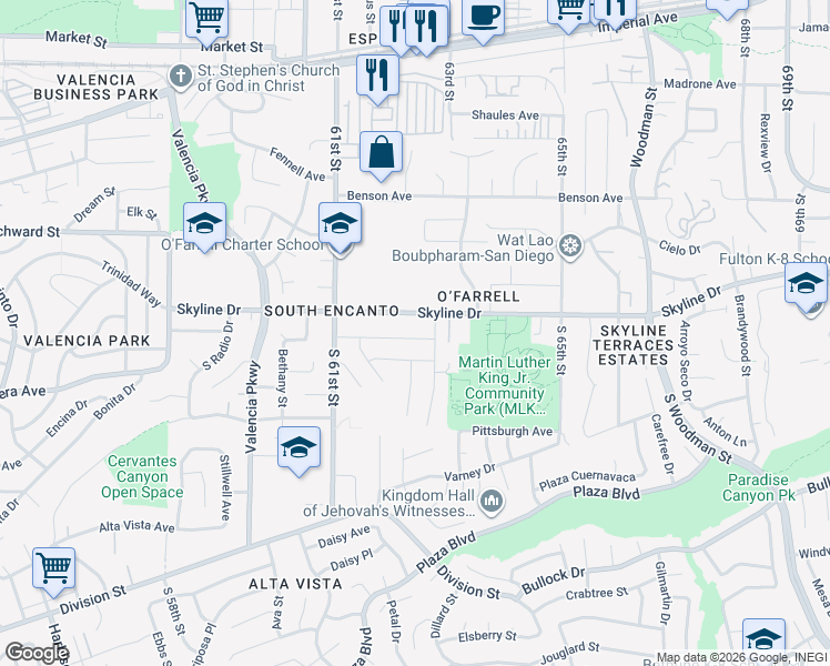 map of restaurants, bars, coffee shops, grocery stores, and more near 6252 Alderley Street in San Diego