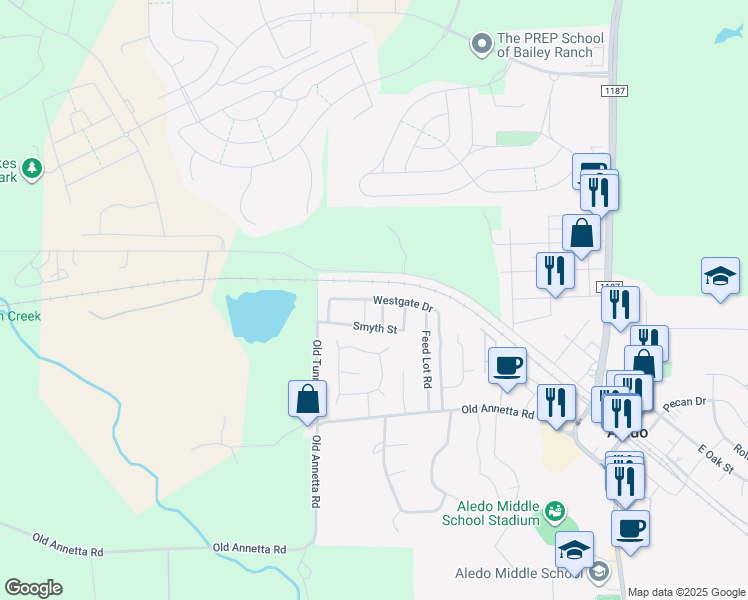 map of restaurants, bars, coffee shops, grocery stores, and more near 740 Westgate Drive in Aledo