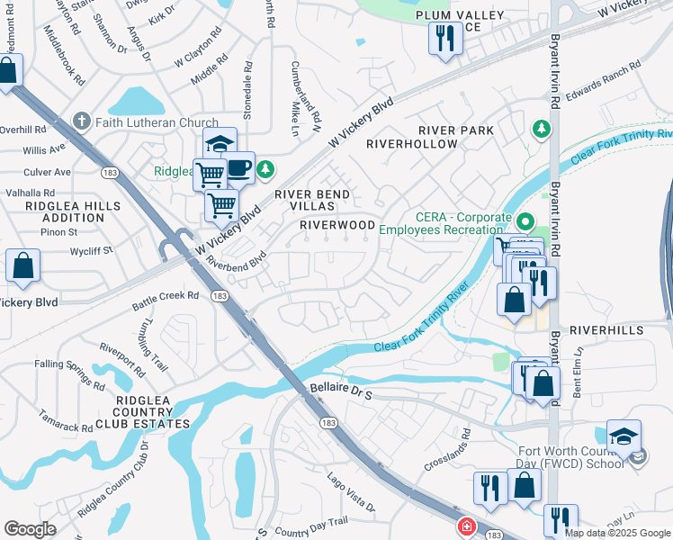 map of restaurants, bars, coffee shops, grocery stores, and more near 731 River Park Drive in Fort Worth