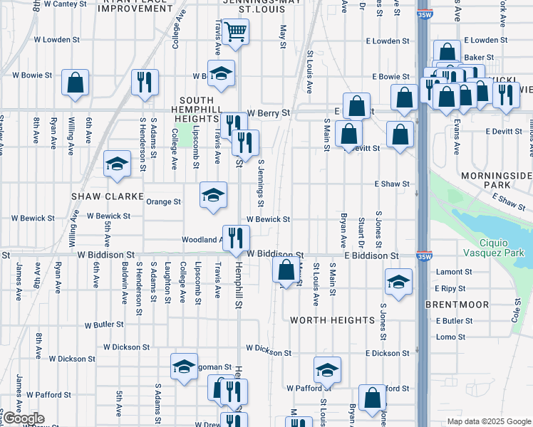 map of restaurants, bars, coffee shops, grocery stores, and more near 3408 South Jennings Avenue in Fort Worth