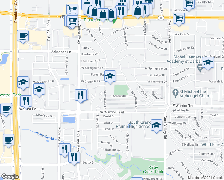 map of restaurants, bars, coffee shops, grocery stores, and more near 650 Stonewall Drive in Grand Prairie