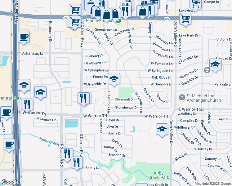 map of restaurants, bars, coffee shops, grocery stores, and more near 650 Stonewall Drive in Grand Prairie