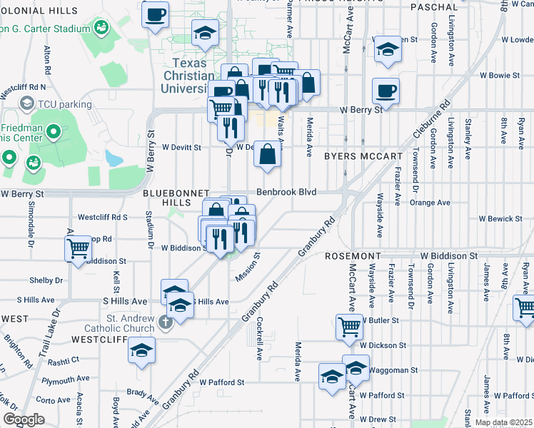 map of restaurants, bars, coffee shops, grocery stores, and more near 2817 Benbrook Boulevard in Fort Worth