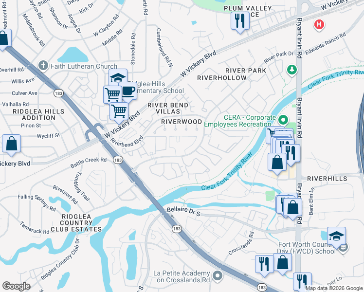 map of restaurants, bars, coffee shops, grocery stores, and more near 3309 Riveroad Court in Fort Worth