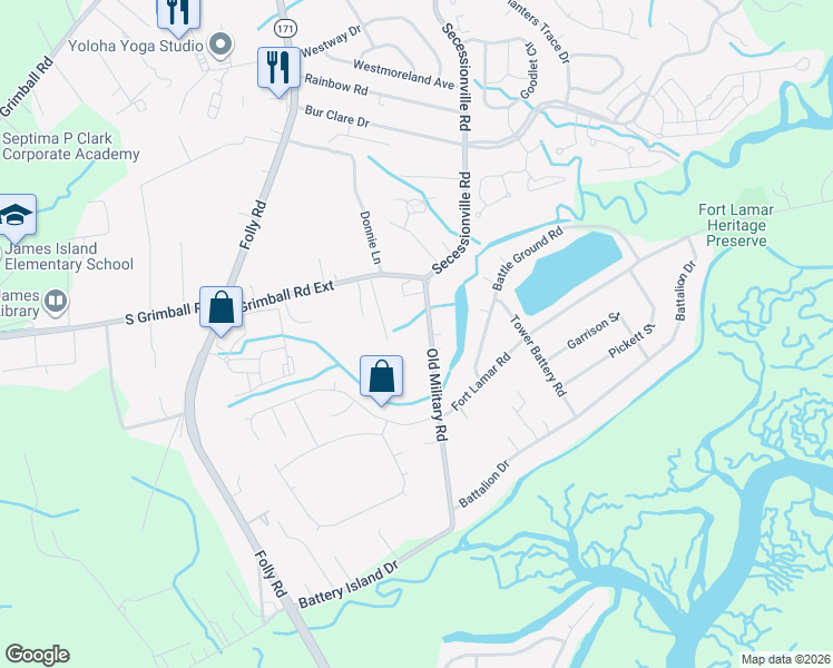map of restaurants, bars, coffee shops, grocery stores, and more near 1673 Old Military Road in Charleston