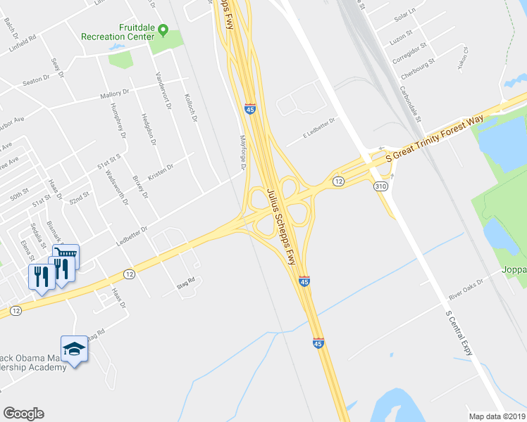 map of restaurants, bars, coffee shops, grocery stores, and more near South Great Trinity Forest Way in Dallas