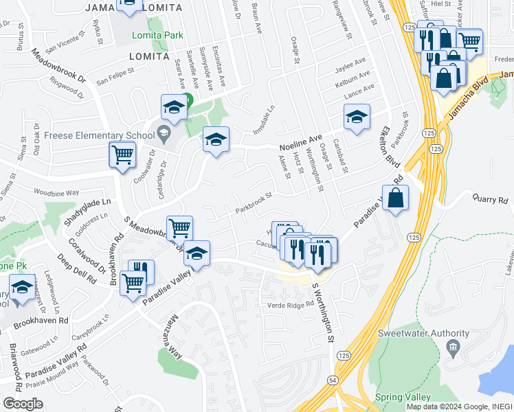 map of restaurants, bars, coffee shops, grocery stores, and more near 8441 Parkbrook Street in San Diego