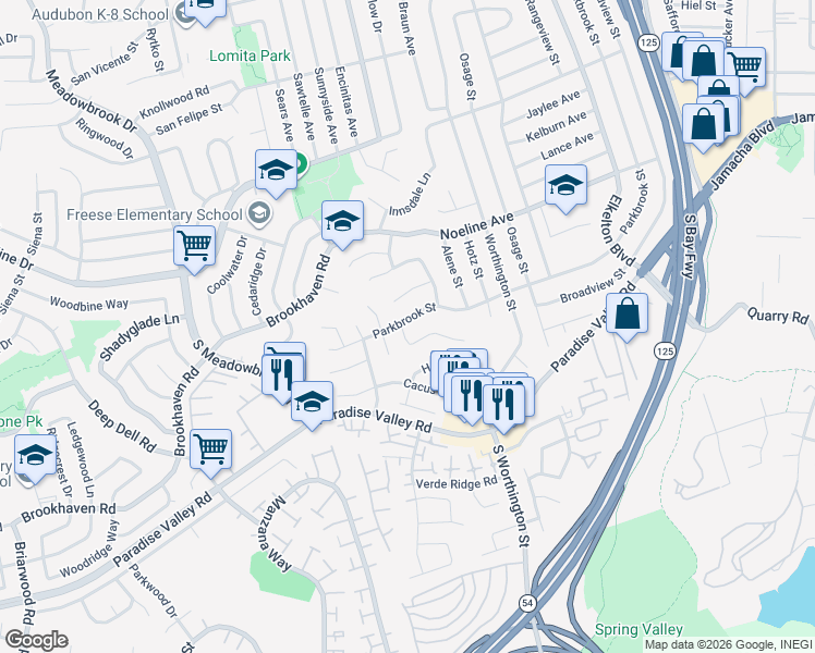 map of restaurants, bars, coffee shops, grocery stores, and more near 8441 Parkbrook Street in San Diego