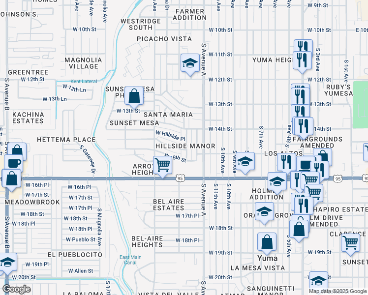 map of restaurants, bars, coffee shops, grocery stores, and more near in Yuma