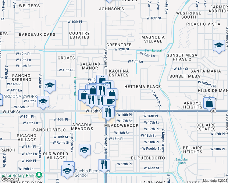 map of restaurants, bars, coffee shops, grocery stores, and more near 1401-1449 South Avenue B in Yuma