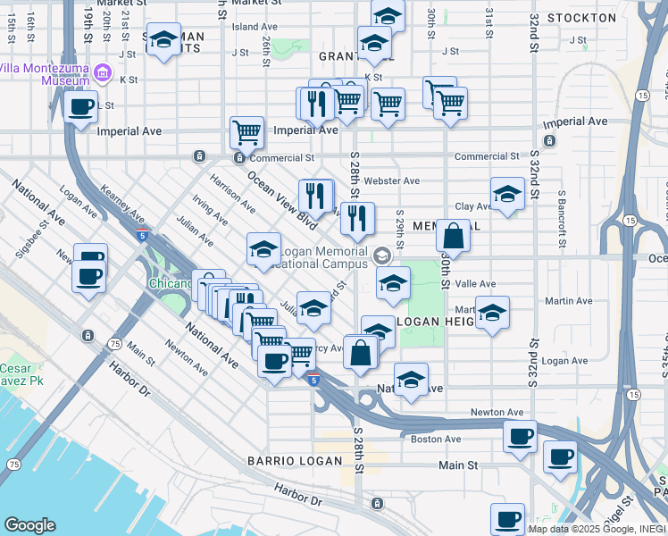 map of restaurants, bars, coffee shops, grocery stores, and more near 2237 Ocean View Boulevard in San Diego