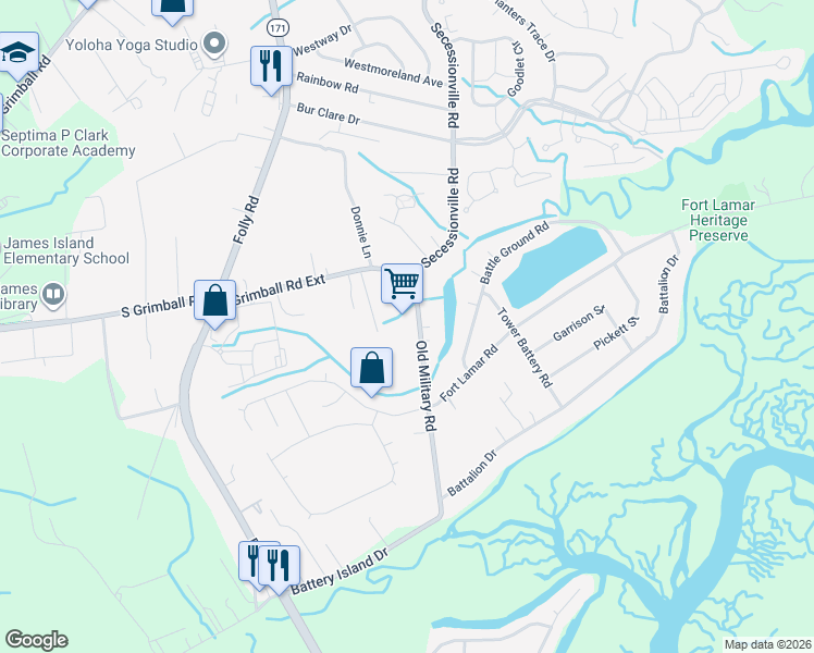 map of restaurants, bars, coffee shops, grocery stores, and more near 1673 Old Military Road in Charleston