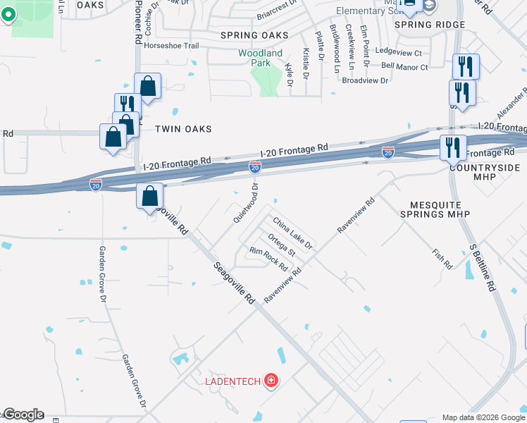 map of restaurants, bars, coffee shops, grocery stores, and more near 716 Quietwood Drive in Dallas