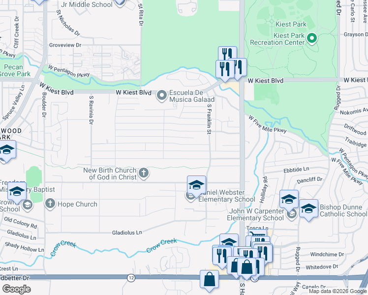 map of restaurants, bars, coffee shops, grocery stores, and more near 2631 Woodmere Drive in Dallas