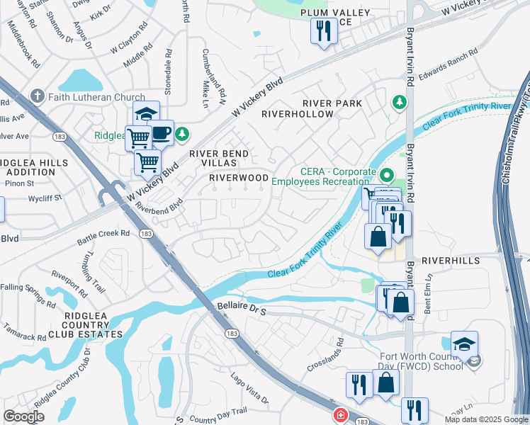 map of restaurants, bars, coffee shops, grocery stores, and more near 3320 Riveroad Court in Fort Worth