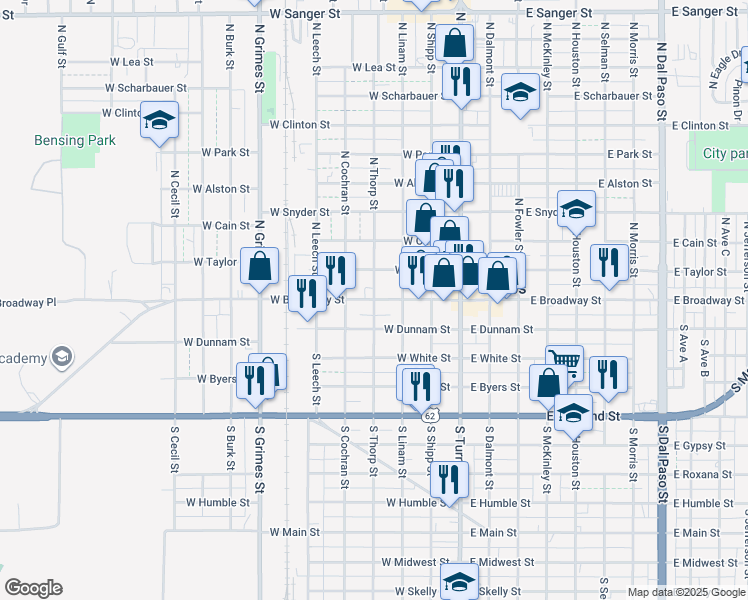 map of restaurants, bars, coffee shops, grocery stores, and more near 101 North Thorp Street in Hobbs