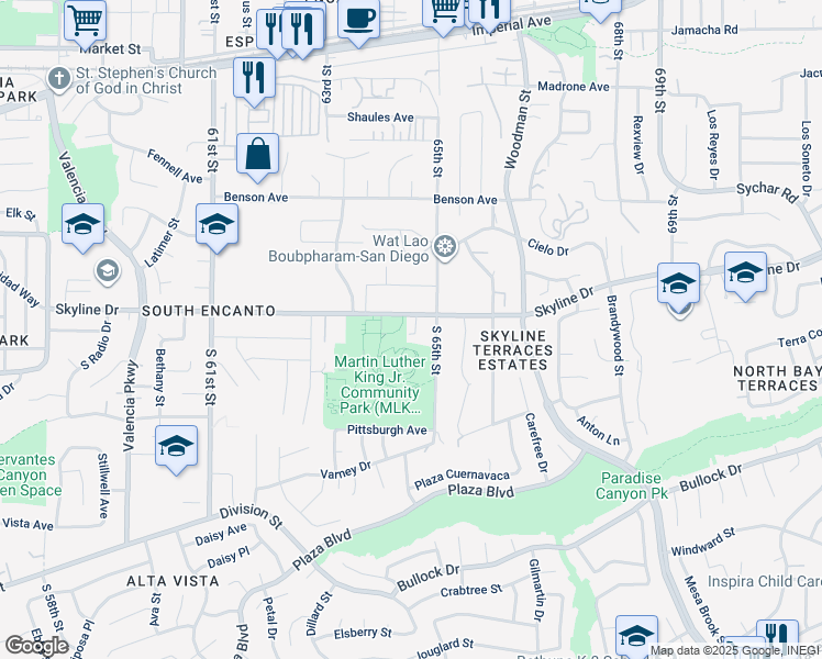map of restaurants, bars, coffee shops, grocery stores, and more near 6450 Duluth Avenue in San Diego