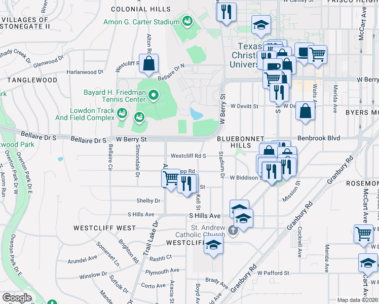 map of restaurants, bars, coffee shops, grocery stores, and more near 3518 Westcliff Road South in Fort Worth