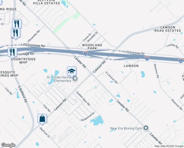 map of restaurants, bars, coffee shops, grocery stores, and more near Lawson Rd & Lasater Rd in Dallas