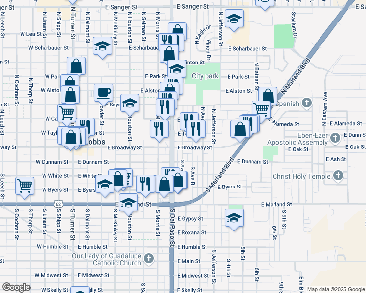 map of restaurants, bars, coffee shops, grocery stores, and more near 108 North Ave A in Hobbs
