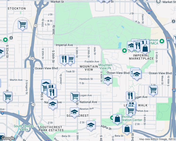 map of restaurants, bars, coffee shops, grocery stores, and more near 518 South 39th Street in San Diego