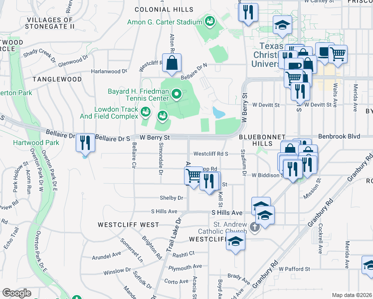 map of restaurants, bars, coffee shops, grocery stores, and more near 3565 Bellaire Drive South in Fort Worth
