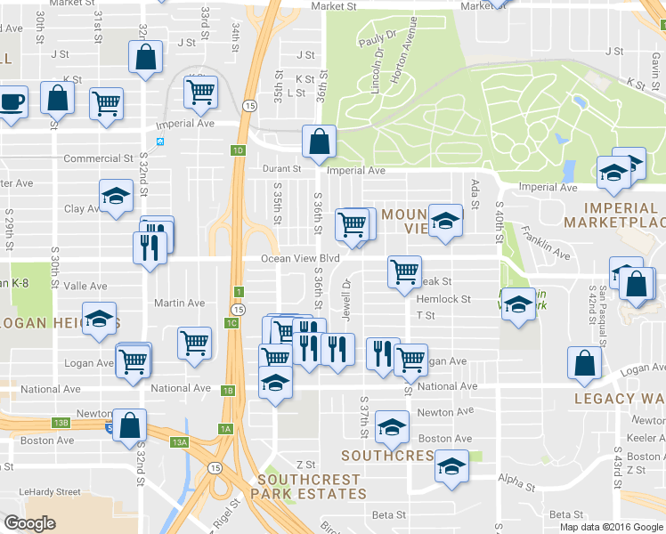 map of restaurants, bars, coffee shops, grocery stores, and more near 446 Olivewood Terrace in San Diego