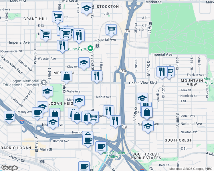 map of restaurants, bars, coffee shops, grocery stores, and more near 3296 Ocean View Boulevard in San Diego