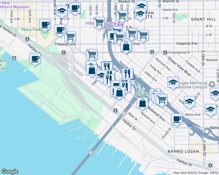 map of restaurants, bars, coffee shops, grocery stores, and more near 5 Beardsley Street in San Diego
