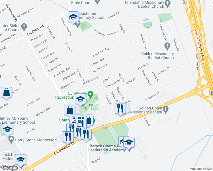 map of restaurants, bars, coffee shops, grocery stores, and more near 3031 50th Street in Dallas