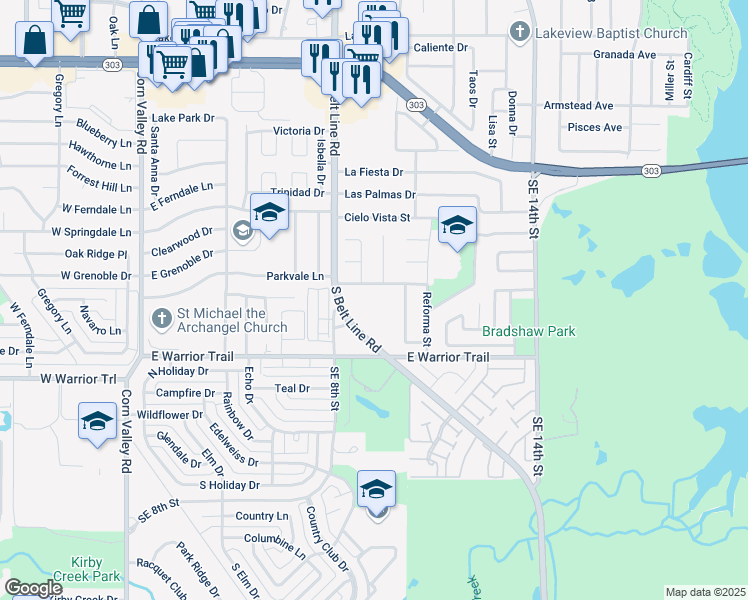 map of restaurants, bars, coffee shops, grocery stores, and more near 817 Palos Verdes Street in Grand Prairie