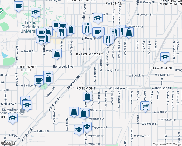 map of restaurants, bars, coffee shops, grocery stores, and more near 3316 Wayside Avenue in Fort Worth