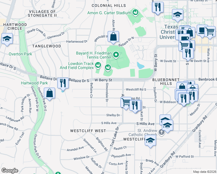 map of restaurants, bars, coffee shops, grocery stores, and more near 3701 Bellaire Drive South in Fort Worth